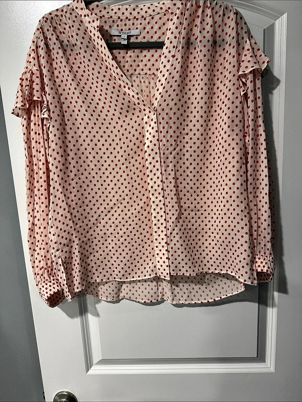 Derek Lam 10 Crosby Polka Dot Ruffle Blouse in White & Red Size 6 Like New